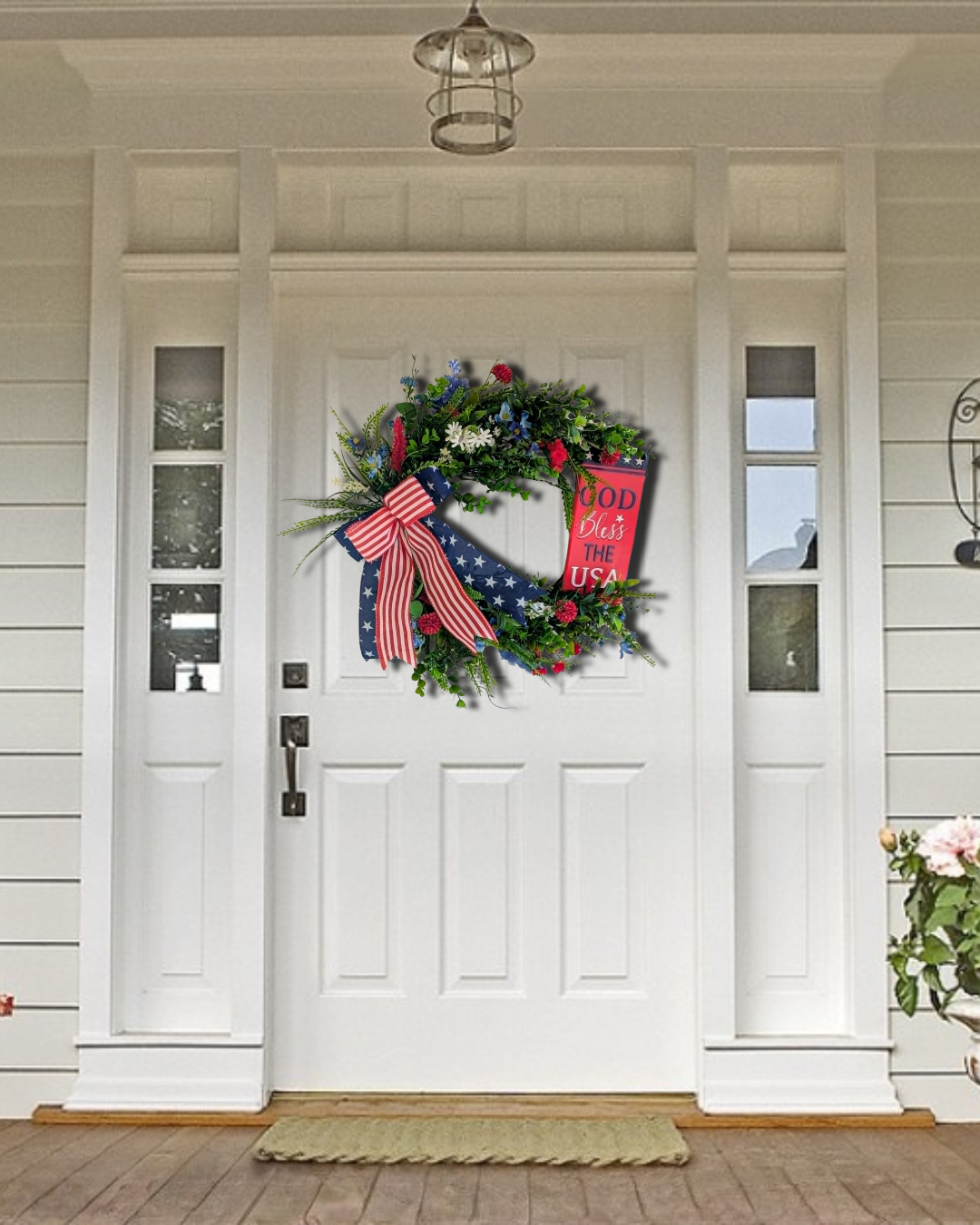 Patriotic Grapevine Wreath, God Bless the USA Door Hanger, Americana Summer Decor