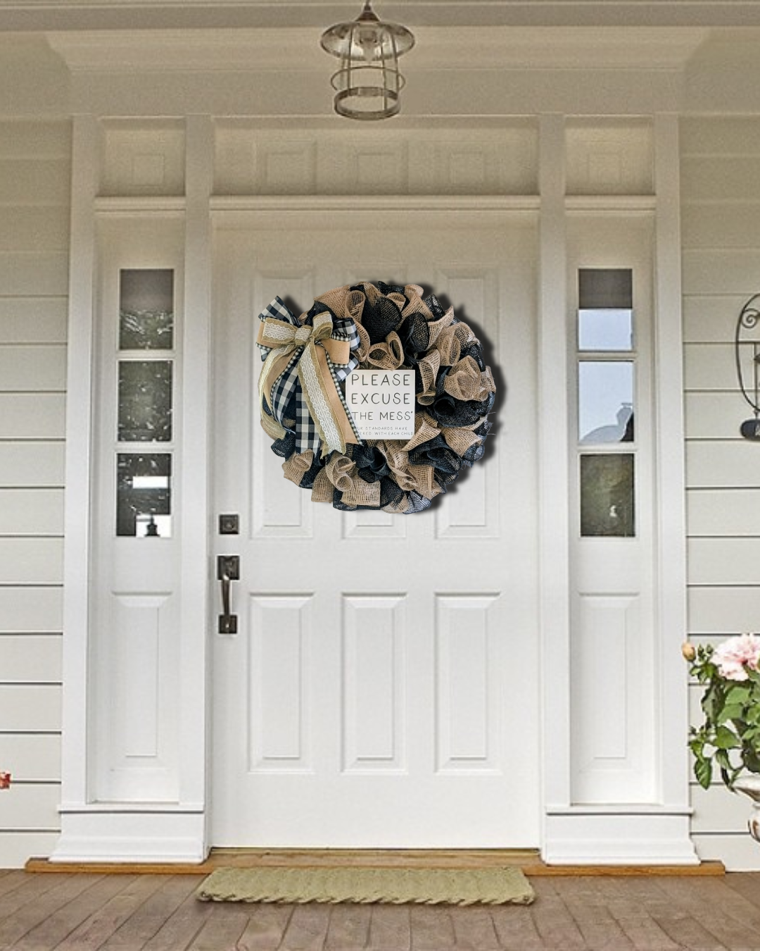 Black and Burlap Farmhouse Wreath, Please Excuse the Mess Door Hanger, Rustic Mesh Decor