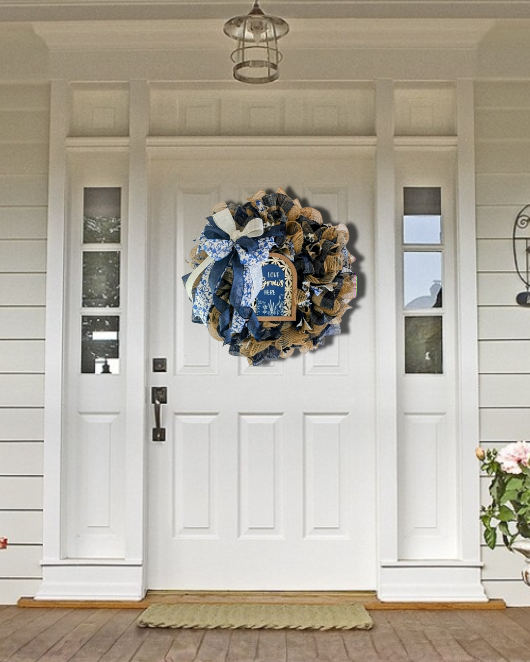 Blue and Tan Mesh Wreath, Love Grows Here Door Hanger, Farmhouse Front Door Decor