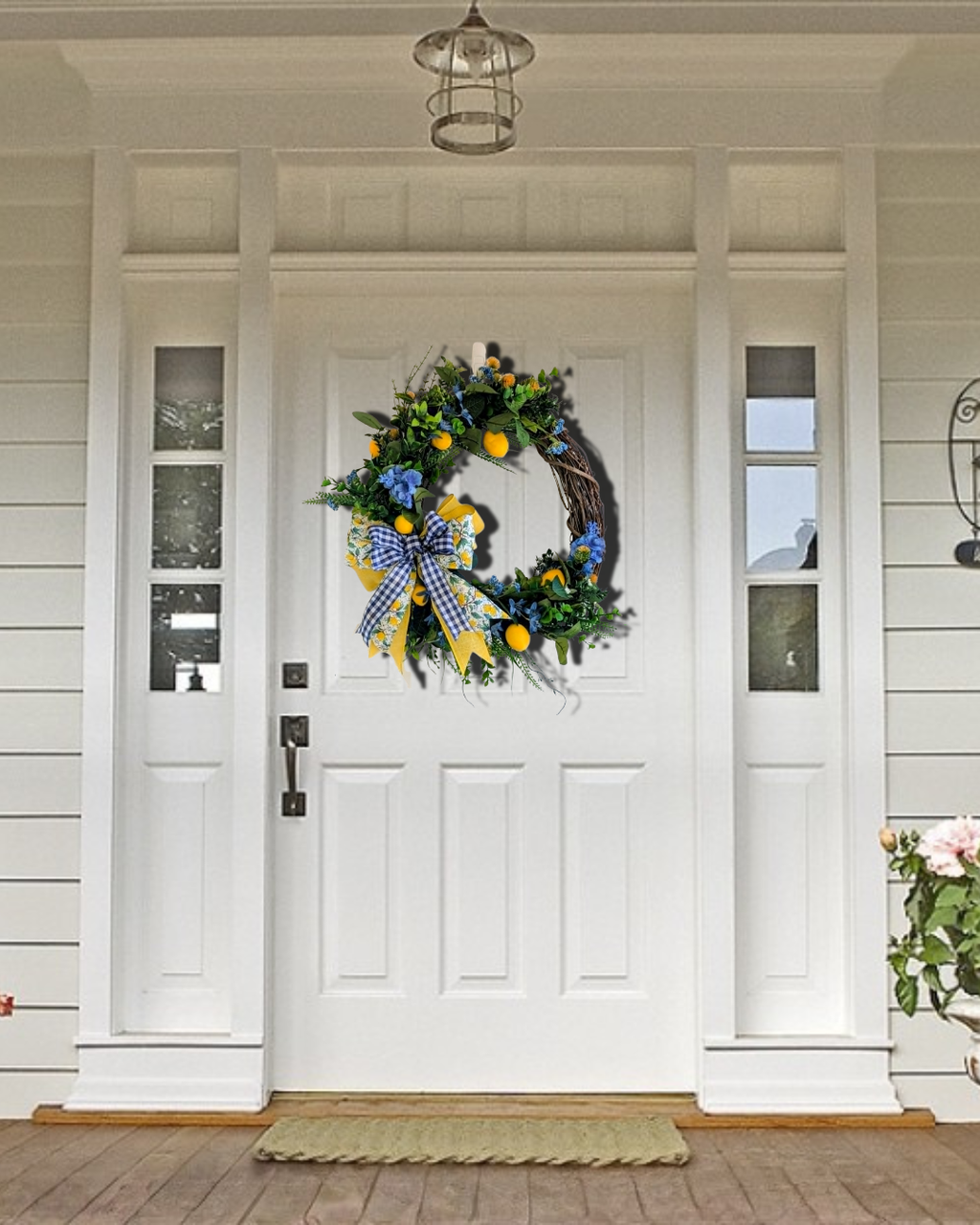 Lemon Grapevine Wreath, Blue and Yellow Summer Door Hanger, Farmhouse Front Door Decor