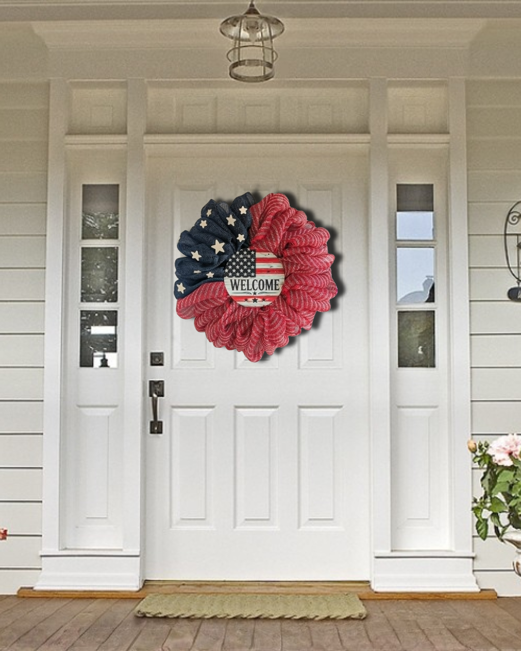 Patriotic Mesh Wreath, Red White Blue Front Door Decor, 4th of July Door Hanger  PRICE: