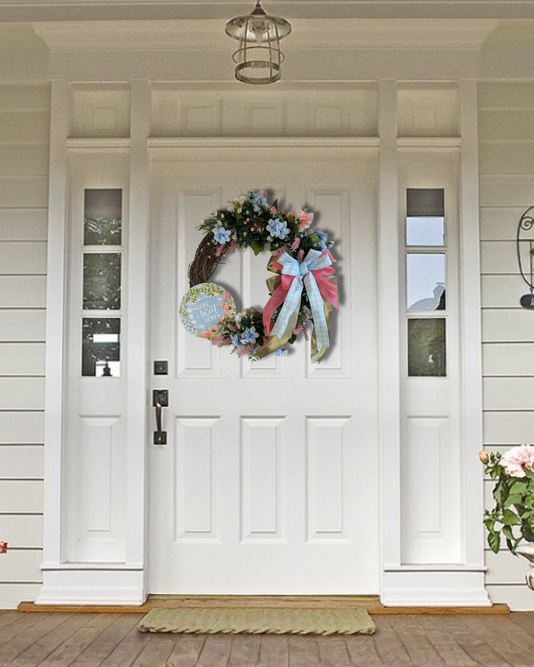 Home Sweet Home Floral Grapevine Wreath | Pink & Blue Spring Front Door Decor