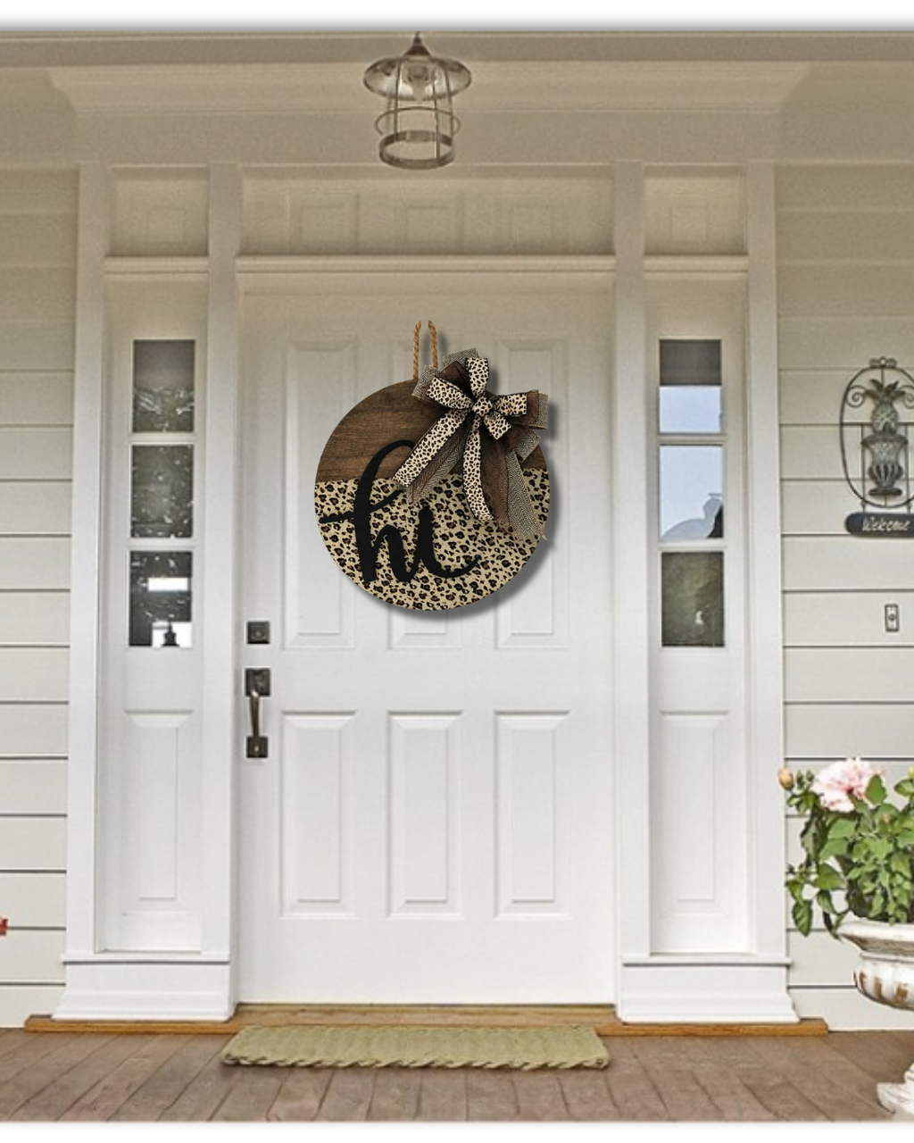 Neutral Leopard "Hi" Wooden Door Hanger | Farmhouse Front Door Decor