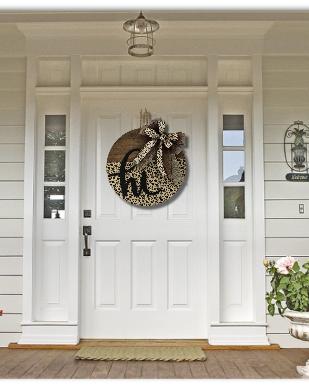 Neutral Leopard "Hi" Wooden Door Hanger | Farmhouse Front Door Decor