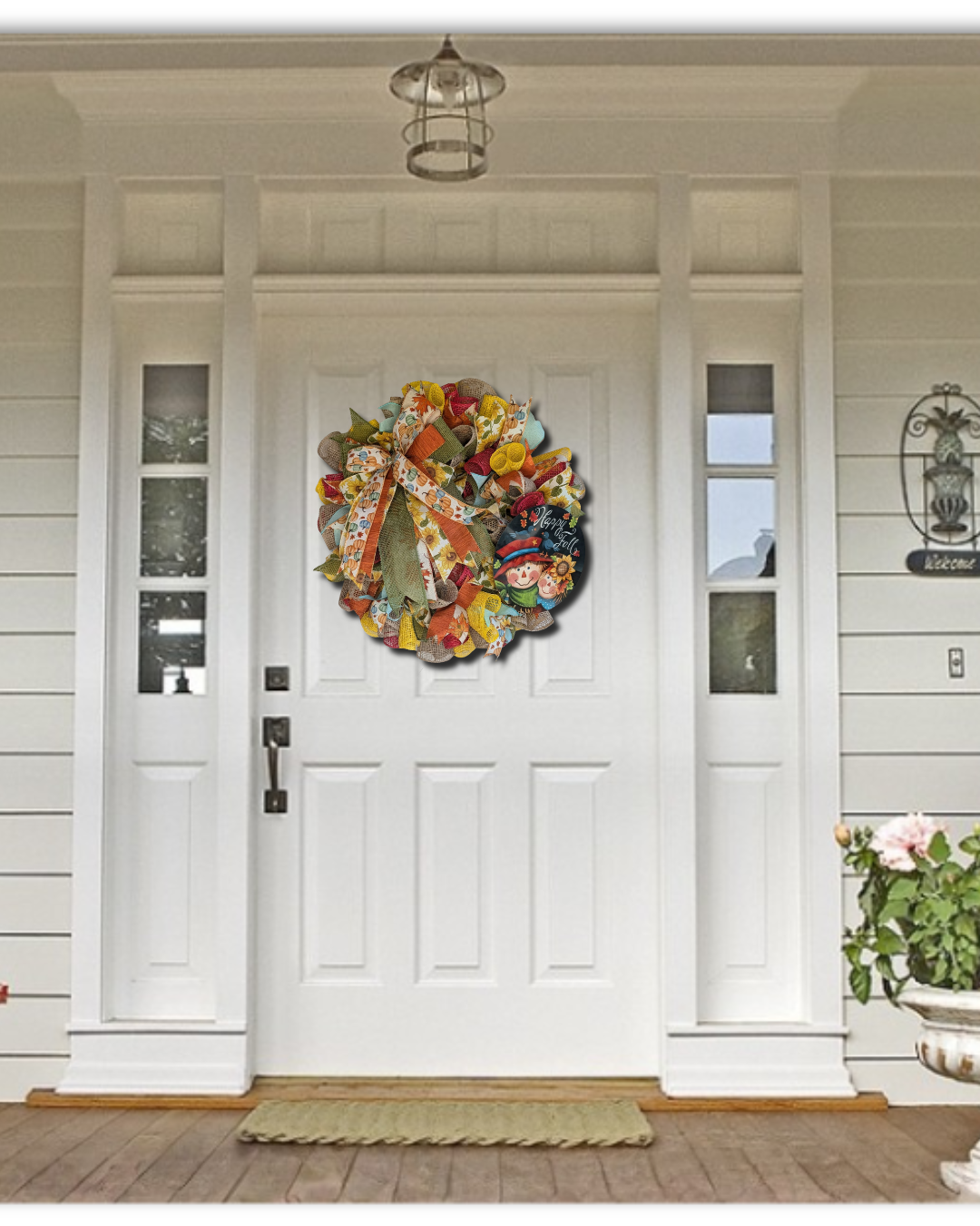 Happy Fall Scarecrow Mesh Wreath | Sunflower & Pumpkin Front Door Decor