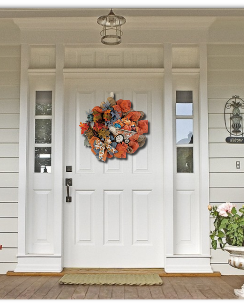 Hello Fall Pumpkin Wreath – Orange & Blue Fall Door Decor