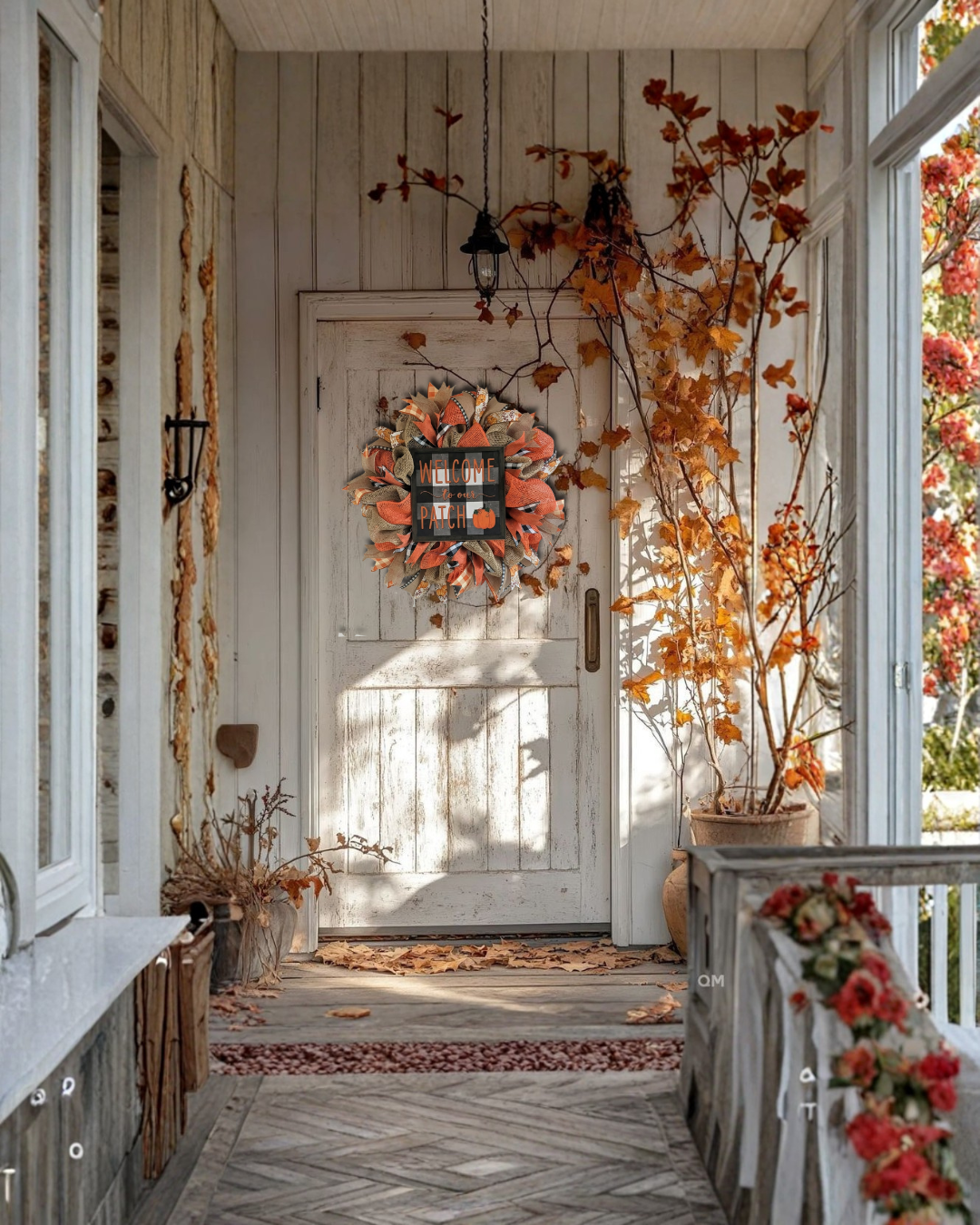Welcome to Our Patch Fall Wreath – Orange & Buffalo Check Pumpkin Door Decor