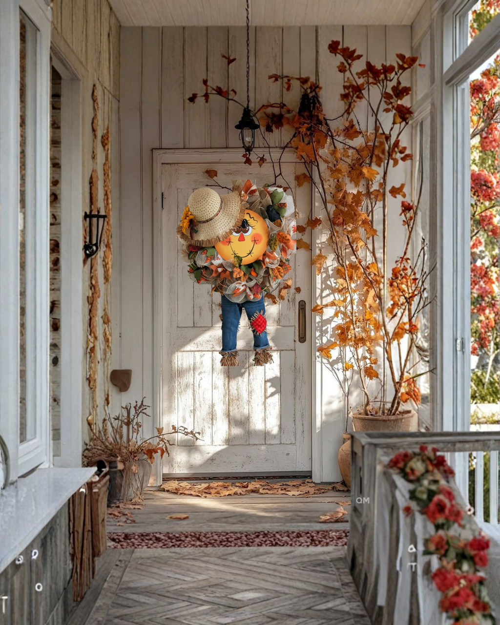 Oversized Fall Scarecrow Wreath | Large Autumn Front Door Decor