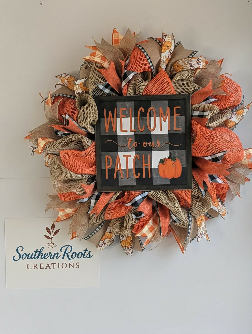 Welcome to Our Patch Fall Wreath – Orange & Buffalo Check Pumpkin Door Decor