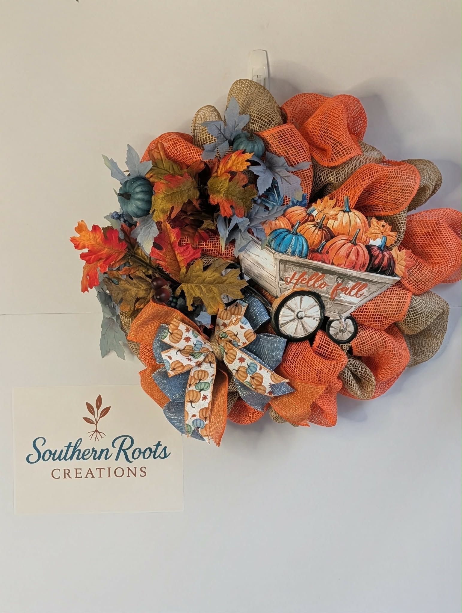 Hello Fall Pumpkin Wreath – Orange & Blue Fall Door Decor