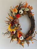 Handmade Fall Grapevine Wreath | Rustic Pumpkin & Sunflower Front Door Decor
