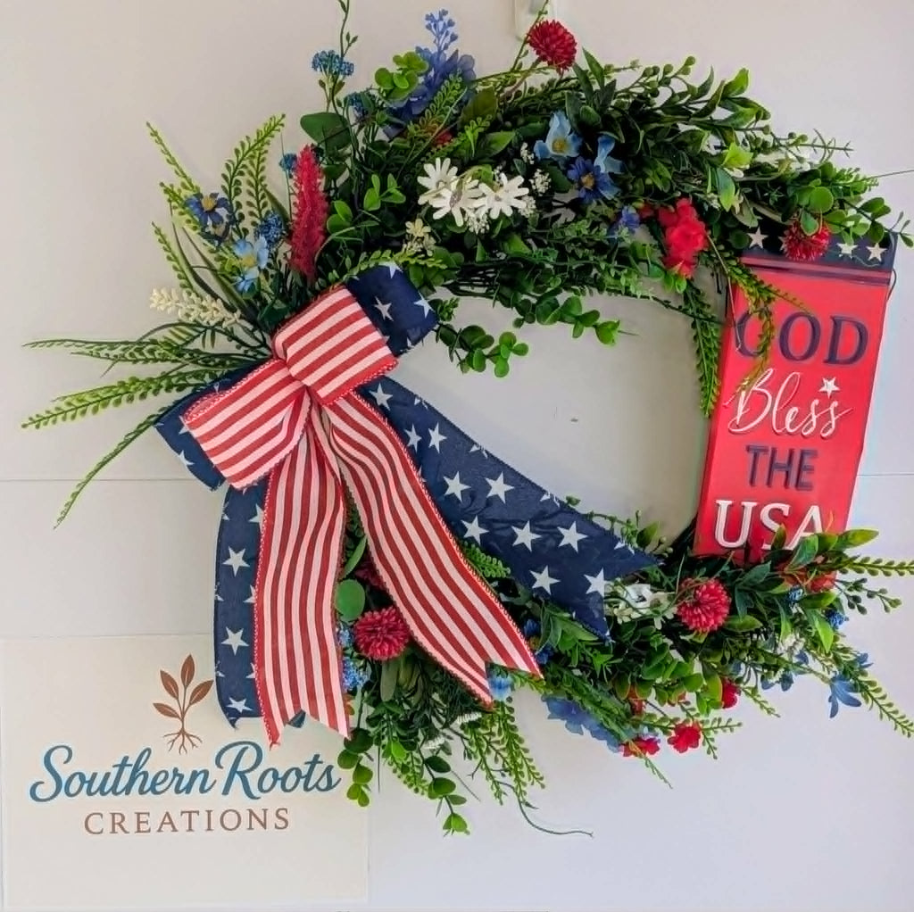 Patriotic Grapevine Wreath, God Bless the USA Door Hanger, Americana Summer Decor