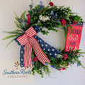Patriotic Grapevine Wreath, God Bless the USA Door Hanger, Americana Summer Decor