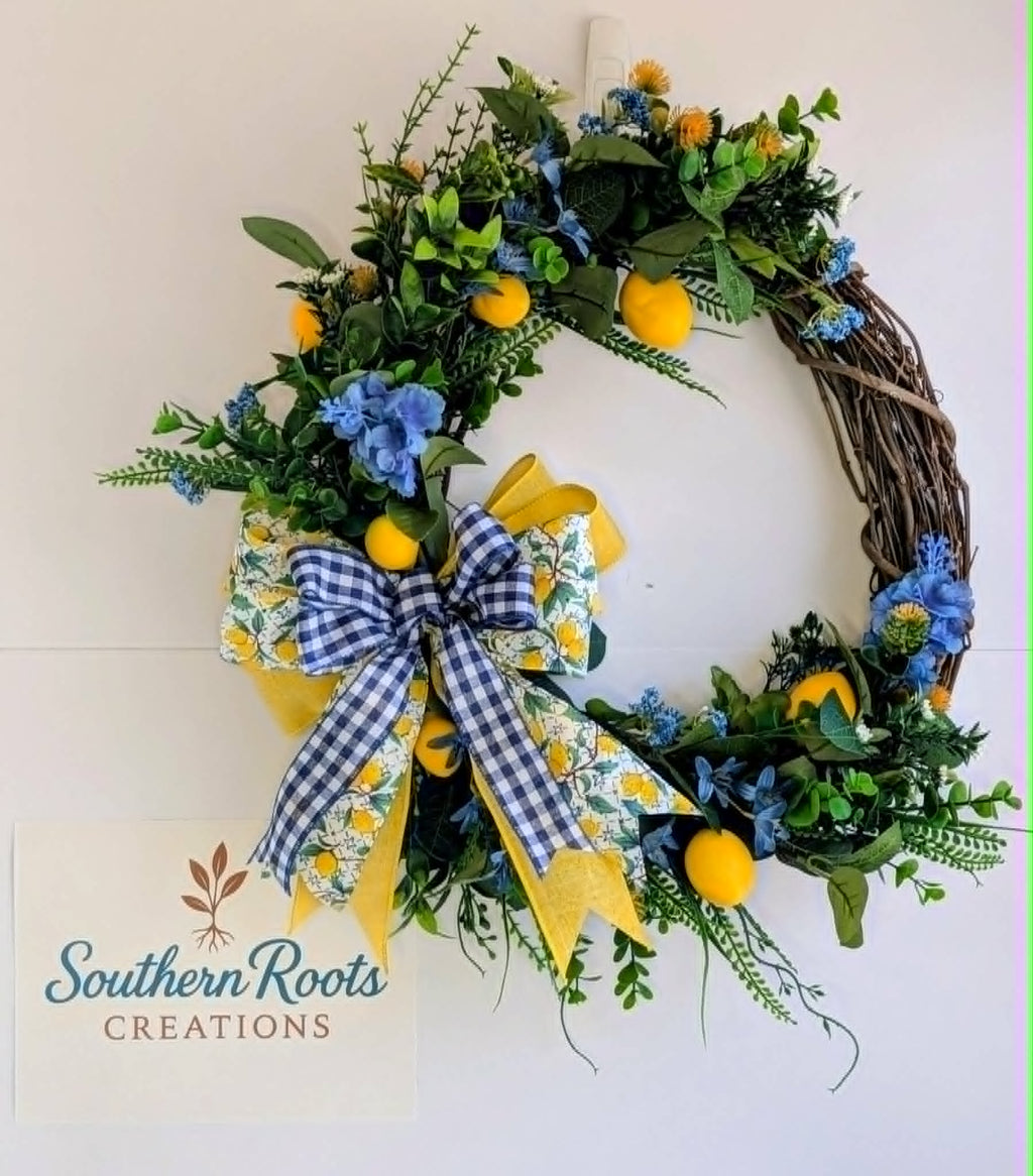 Lemon Grapevine Wreath, Blue and Yellow Summer Door Hanger, Farmhouse Front Door Decor