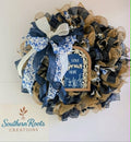 Blue and Tan Mesh Wreath, Love Grows Here Door Hanger, Farmhouse Front Door Decor