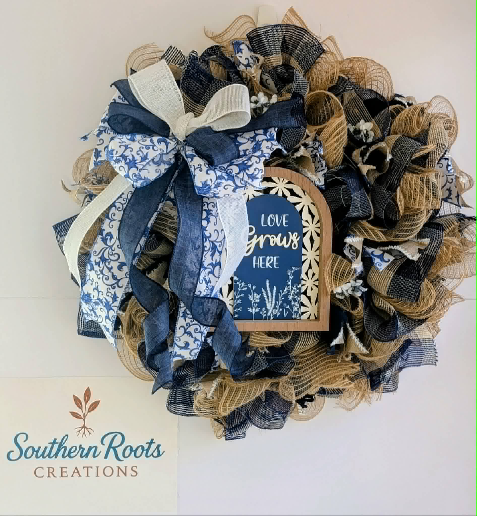 Blue and Tan Mesh Wreath, Love Grows Here Door Hanger, Farmhouse Front Door Decor