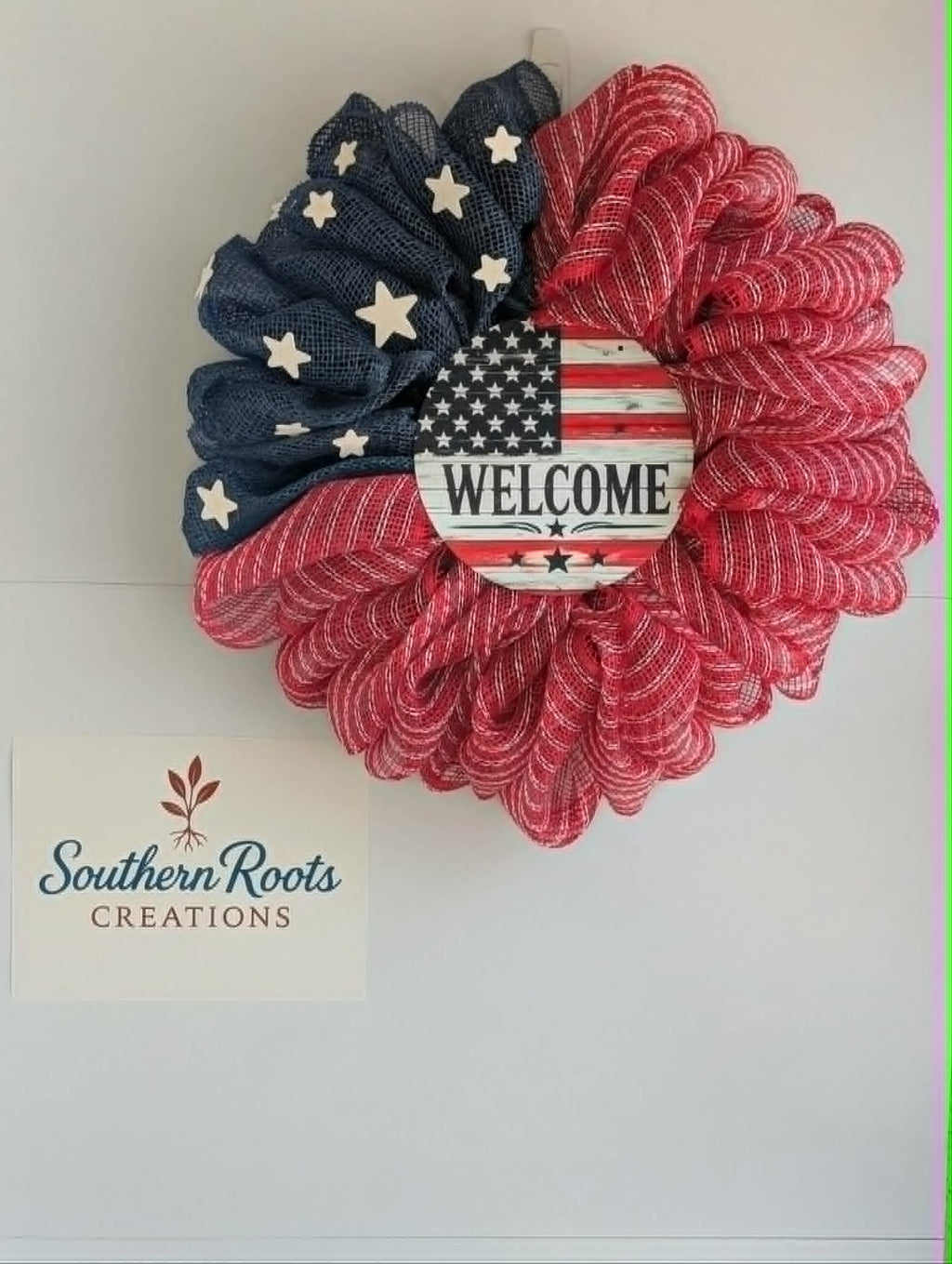 Patriotic Mesh Wreath, Red White Blue Front Door Decor, 4th of July Door Hanger  PRICE: