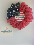 Patriotic Mesh Wreath, Red White Blue Front Door Decor, 4th of July Door Hanger  PRICE:
