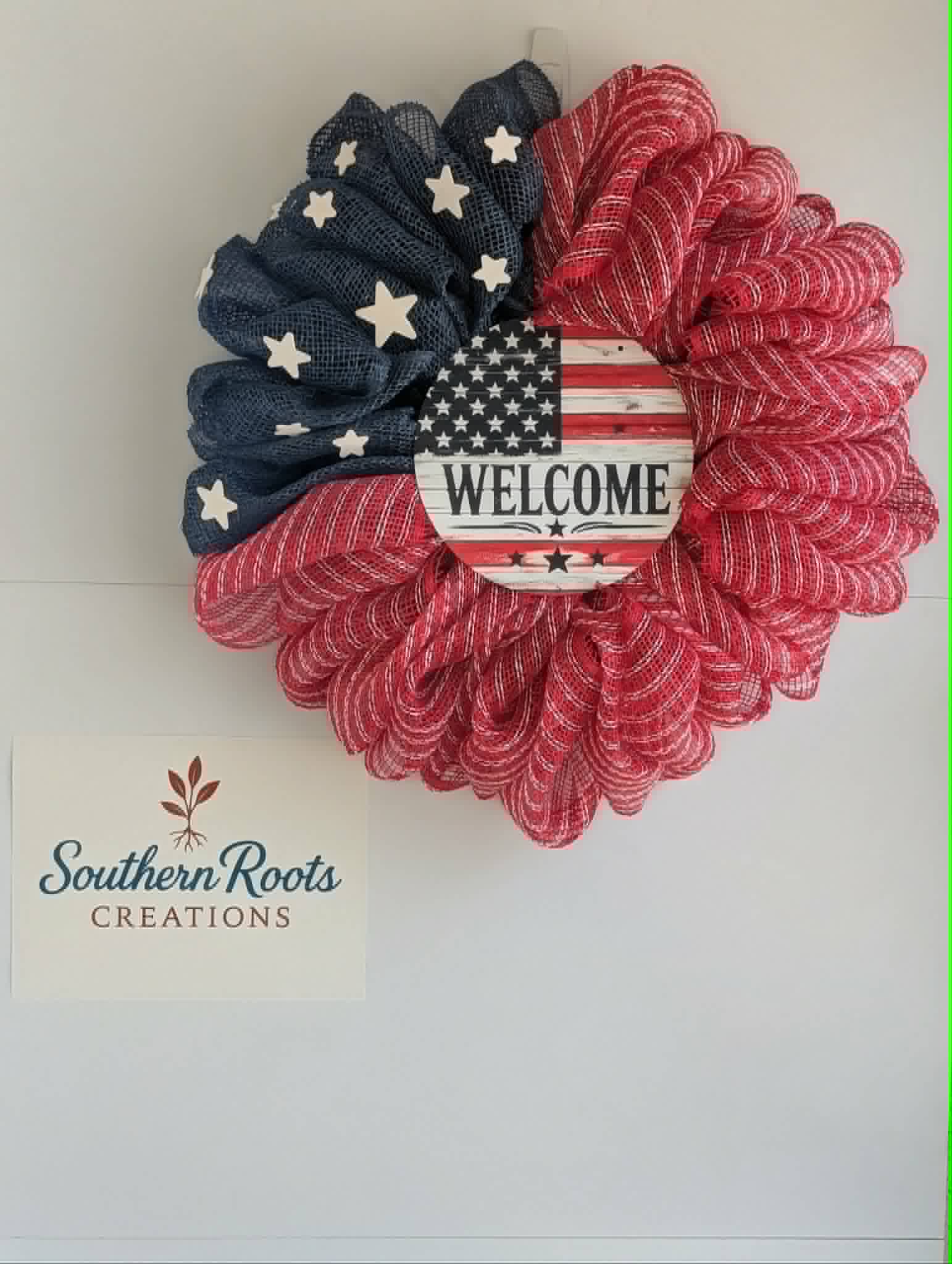 Patriotic Mesh Wreath, Red White Blue Front Door Decor, 4th of July Door Hanger  PRICE: