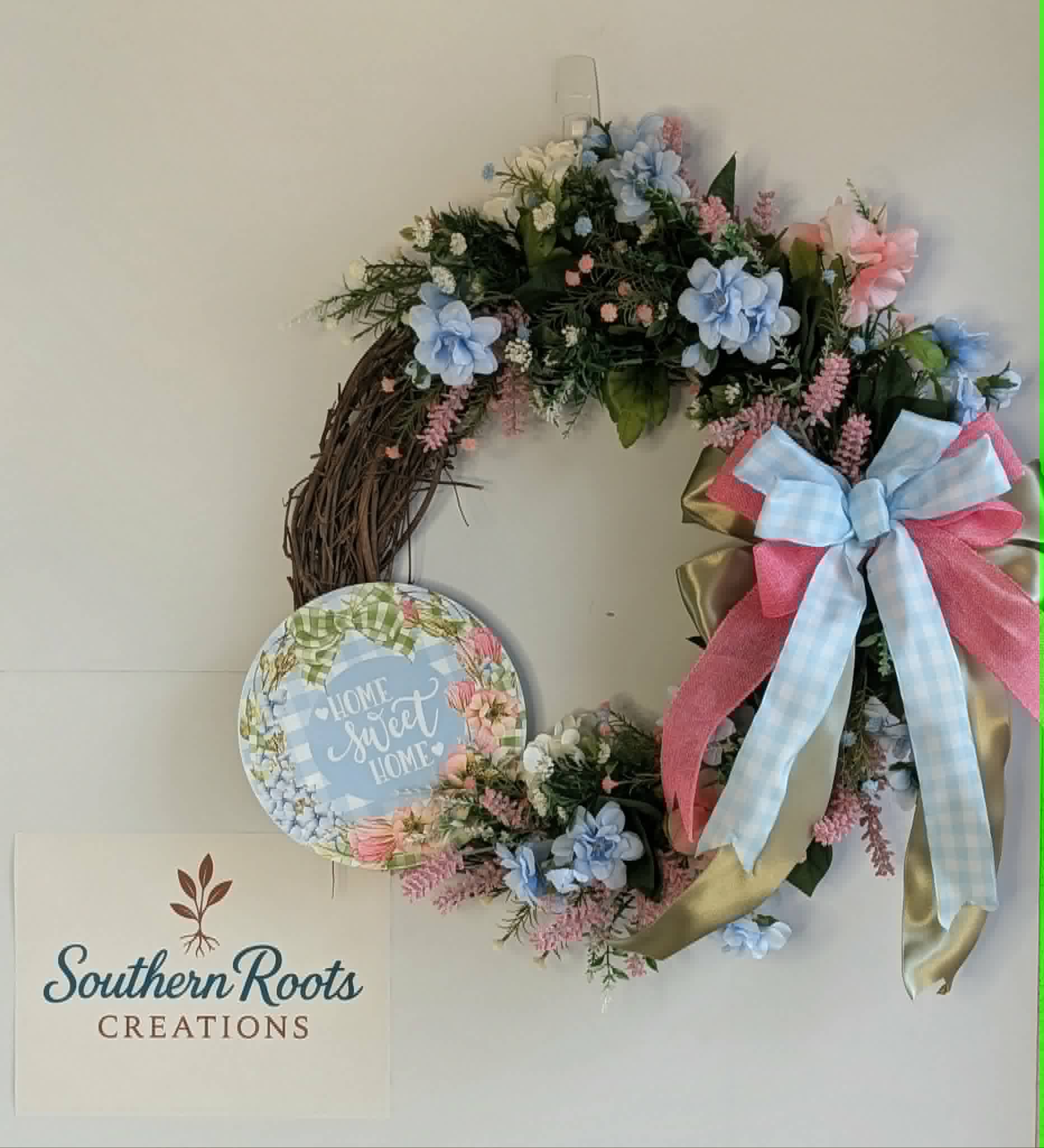 Home Sweet Home Floral Grapevine Wreath | Pink & Blue Spring Front Door Decor