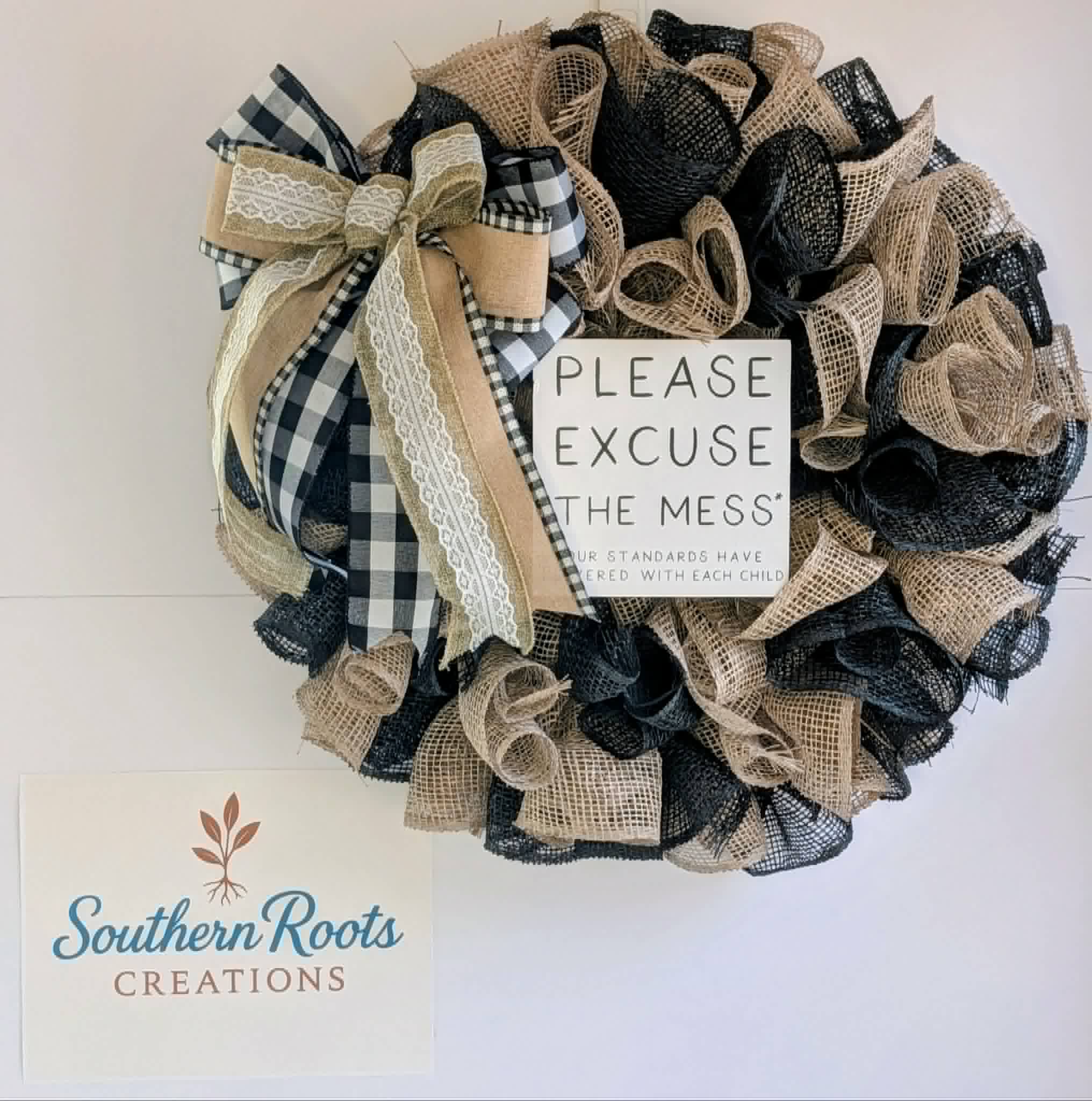 Black and Burlap Farmhouse Wreath, Please Excuse the Mess Door Hanger, Rustic Mesh Decor