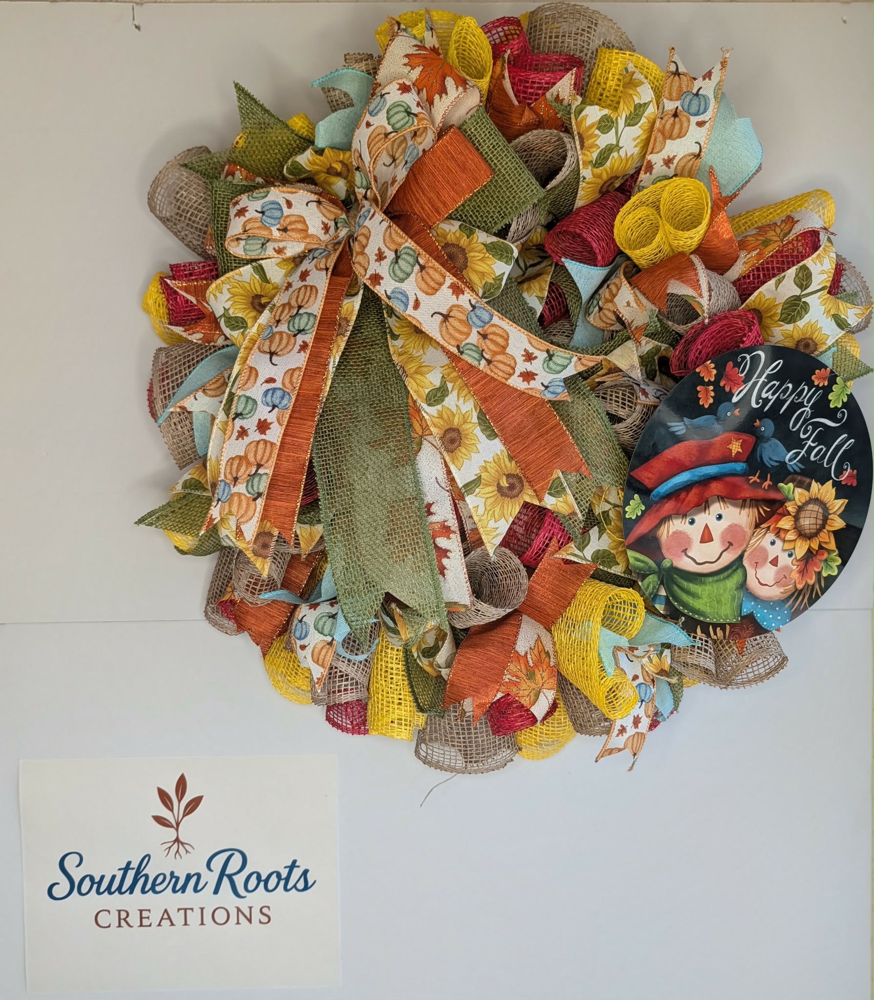 Happy Fall Scarecrow Mesh Wreath | Sunflower & Pumpkin Front Door Decor