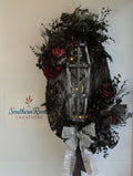 Lighted Gothic Skeleton Coffin Halloween Wreath – Black & Burgundy Spooky Door Decor