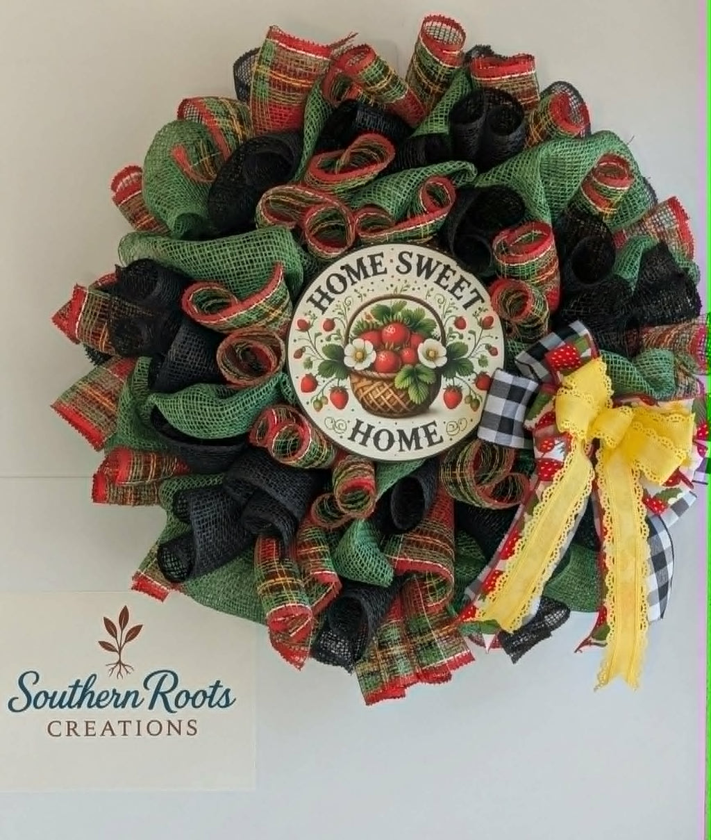 🍓 Home Sweet Home Strawberry Mesh Wreath | Handmade Summer Front Door Decor