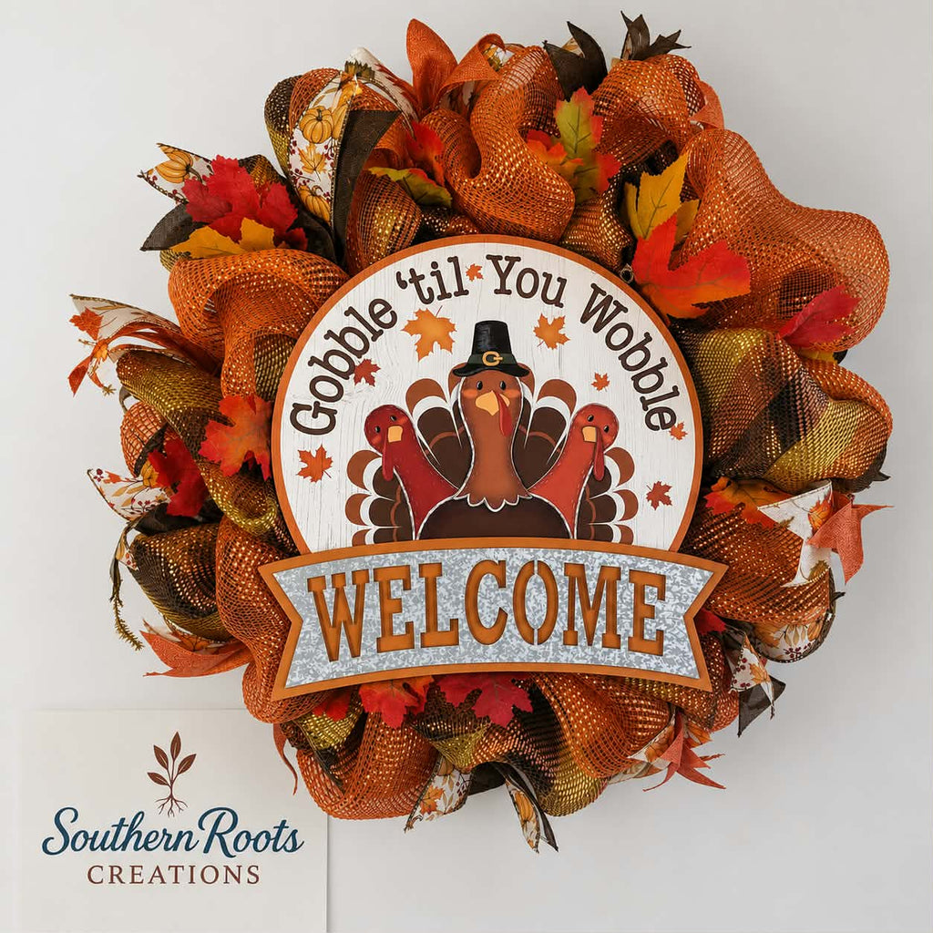 Gobble 'Til You Wobble Thanksgiving Mesh Wreath | Turkey Front Door Decor