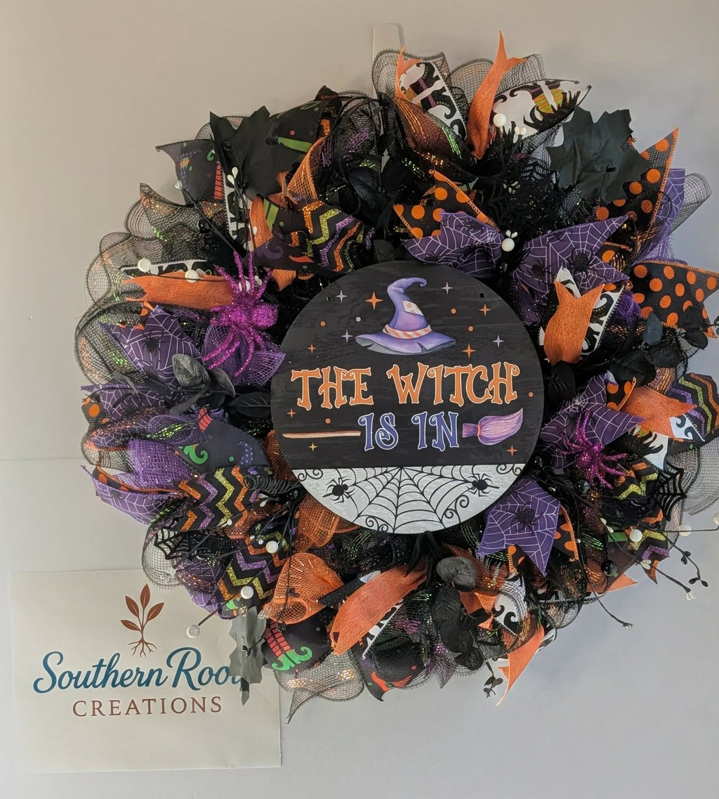 The Witch Is In Halloween Wreath – Orange, Purple & Black Witch Door Decor