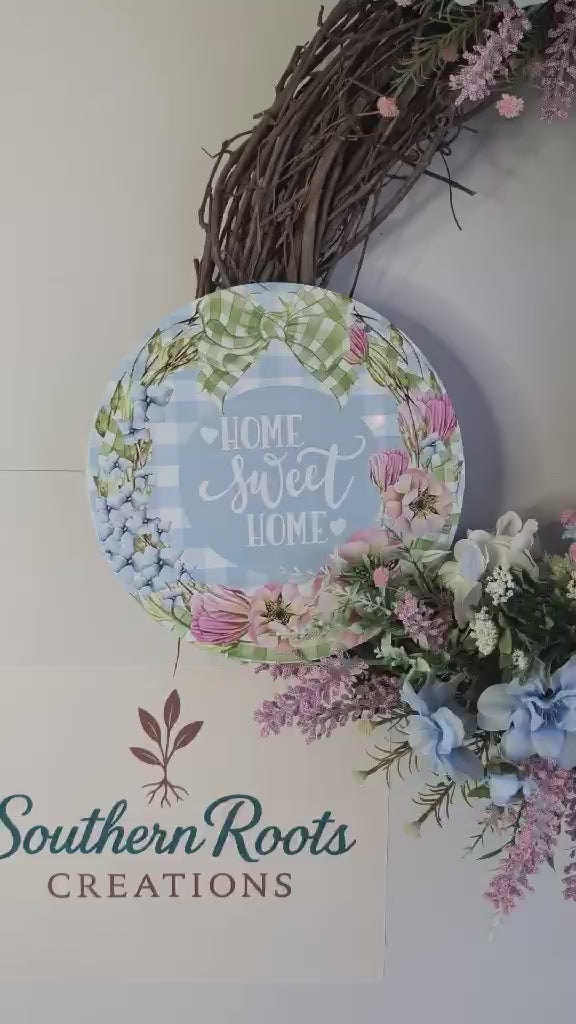 Home Sweet Home Floral Grapevine Wreath | Pink & Blue Spring Front Door Decor