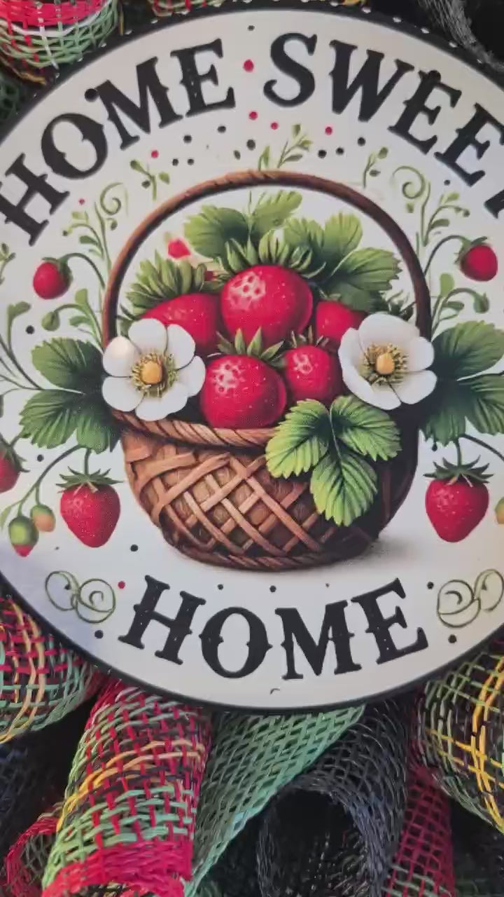 🍓 Home Sweet Home Strawberry Mesh Wreath | Handmade Summer Front Door Decor