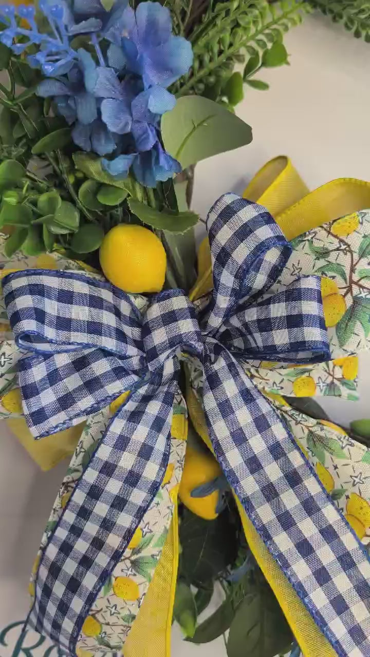 Lemon Grapevine Wreath, Blue and Yellow Summer Door Hanger, Farmhouse Front Door Decor