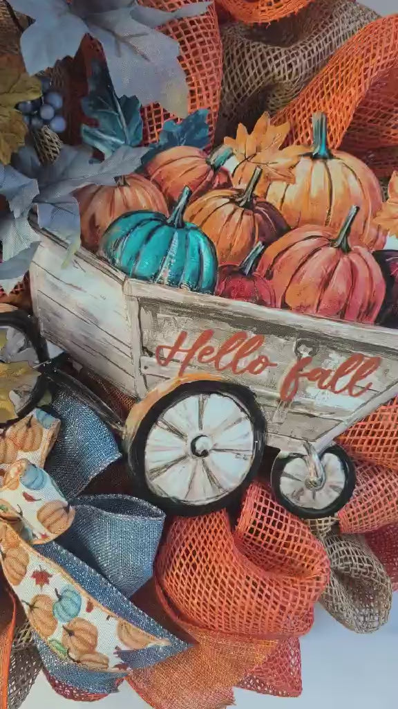 Hello Fall Pumpkin Wreath – Orange & Blue Fall Door Decor