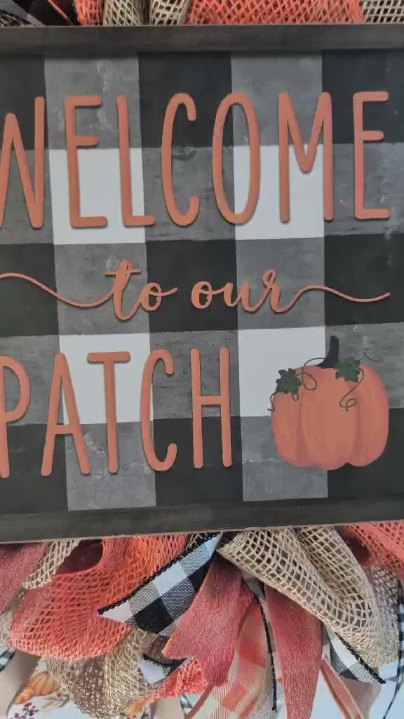 Welcome to Our Patch Fall Wreath – Orange & Buffalo Check Pumpkin Door Decor
