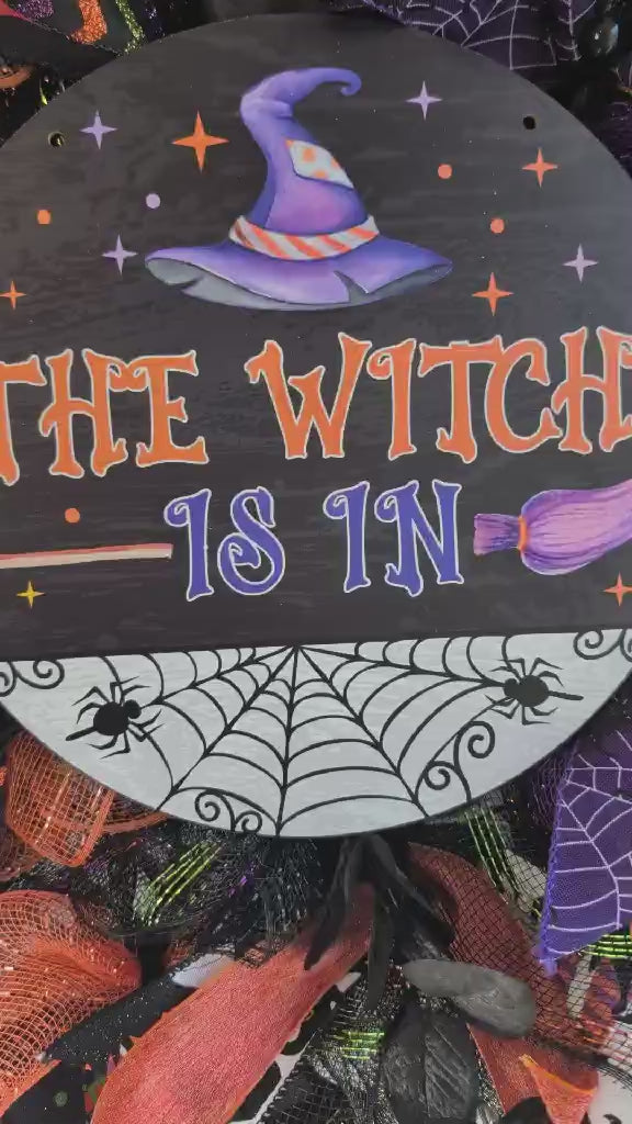 The Witch Is In Halloween Wreath – Orange, Purple & Black Witch Door Decor