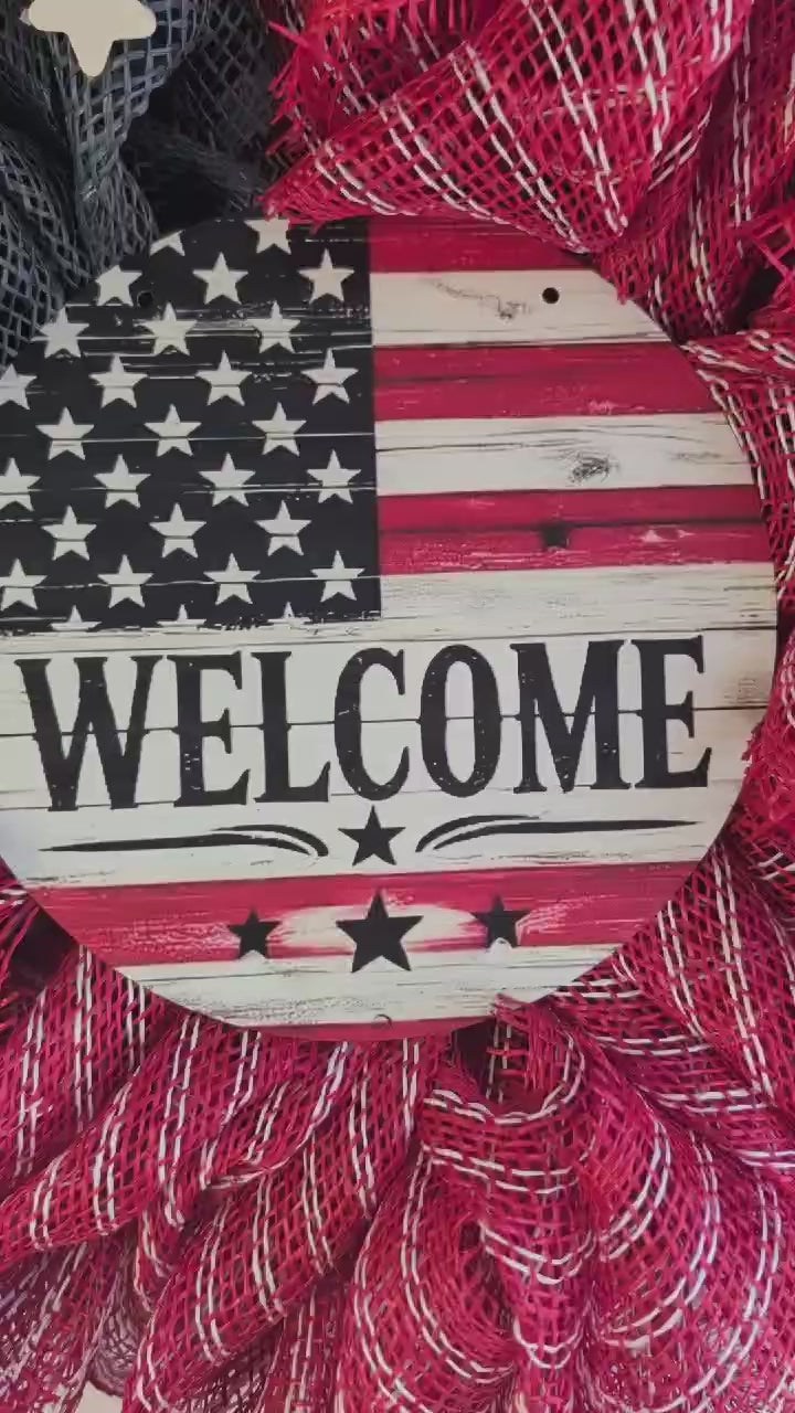 Patriotic Mesh Wreath, Red White Blue Front Door Decor, 4th of July Door Hanger  PRICE: