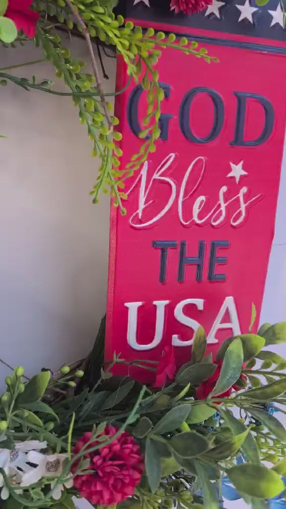 Patriotic Grapevine Wreath, God Bless the USA Door Hanger, Americana Summer Decor