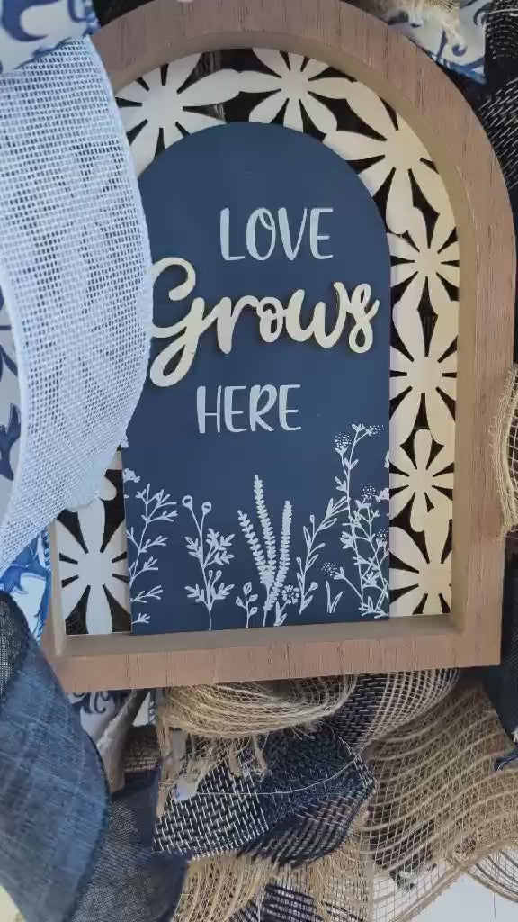 Blue and Tan Mesh Wreath, Love Grows Here Door Hanger, Farmhouse Front Door Decor