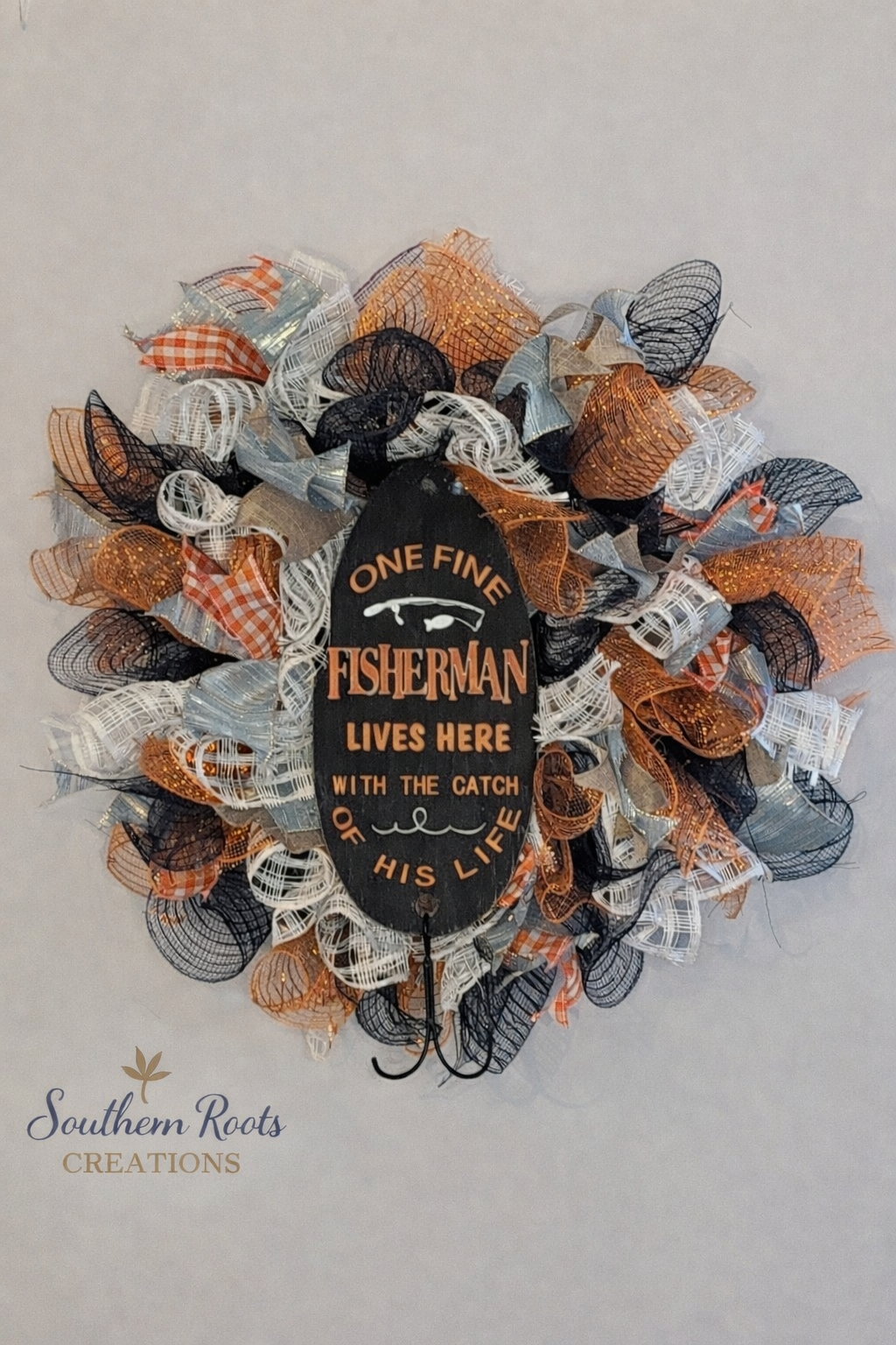 Fishing Themed Mesh Wreath – “One Fine Fisherman Lives Here” Door Decor