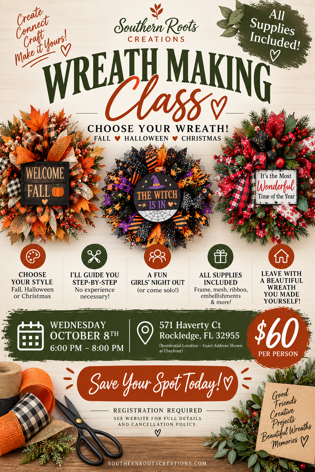 Wreath Making Class – October 8th, 6–8 PM