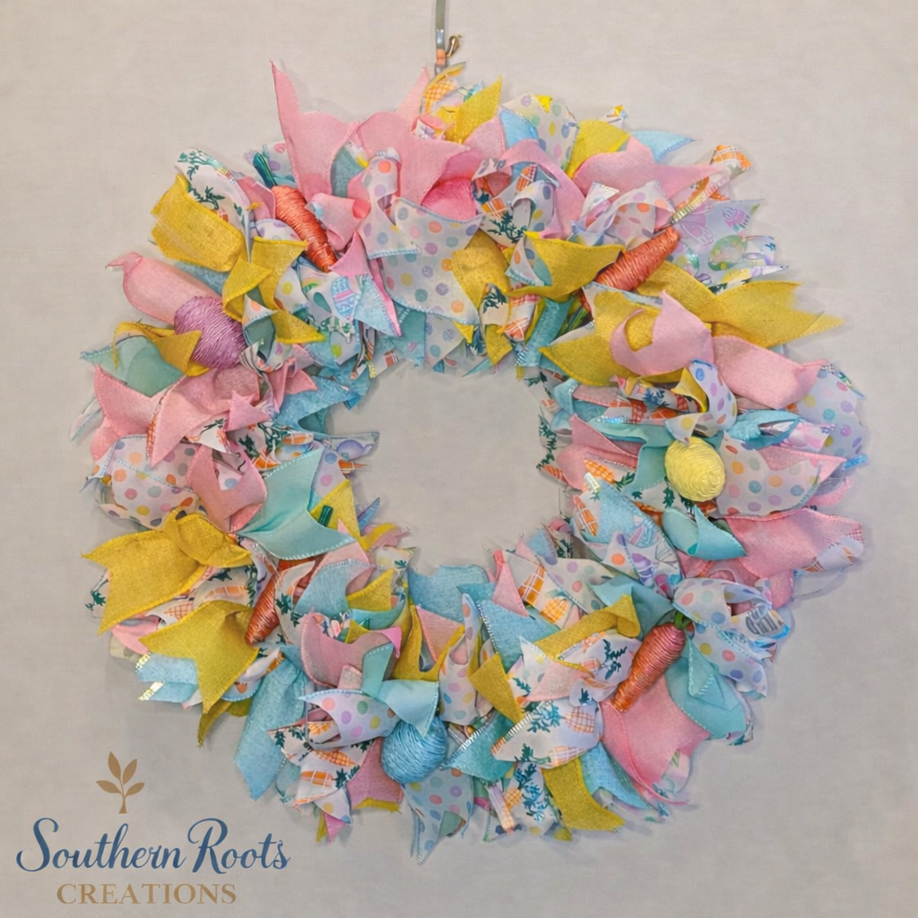 Pastel Easter Fabric Wreath – Handmade Spring Door Decor