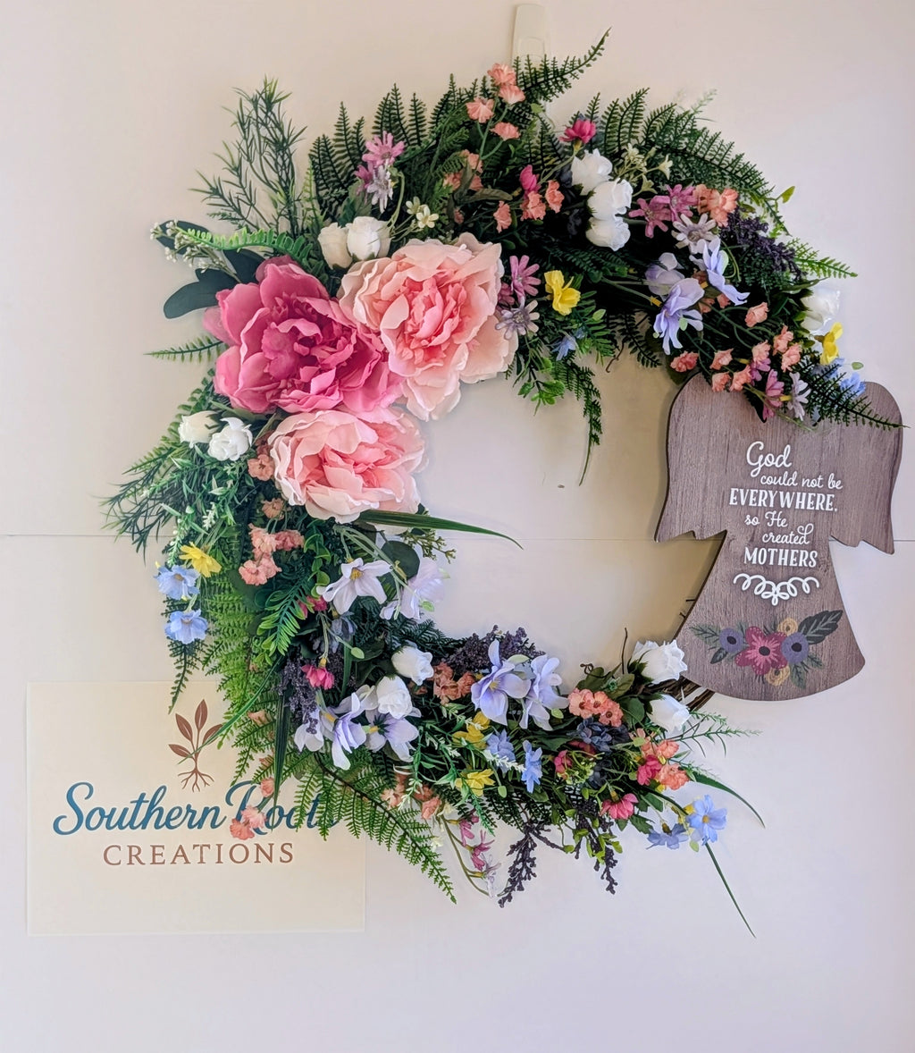 Mother’s Day Floral Wreath with Wooden Sign – Spring Front Door Decor
