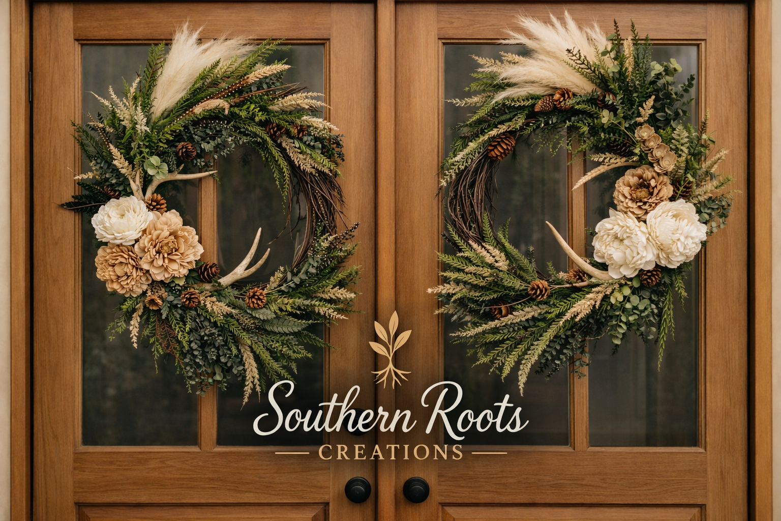 Rustic Antler Wreath Set for Double Doors – Custom One of a Kind