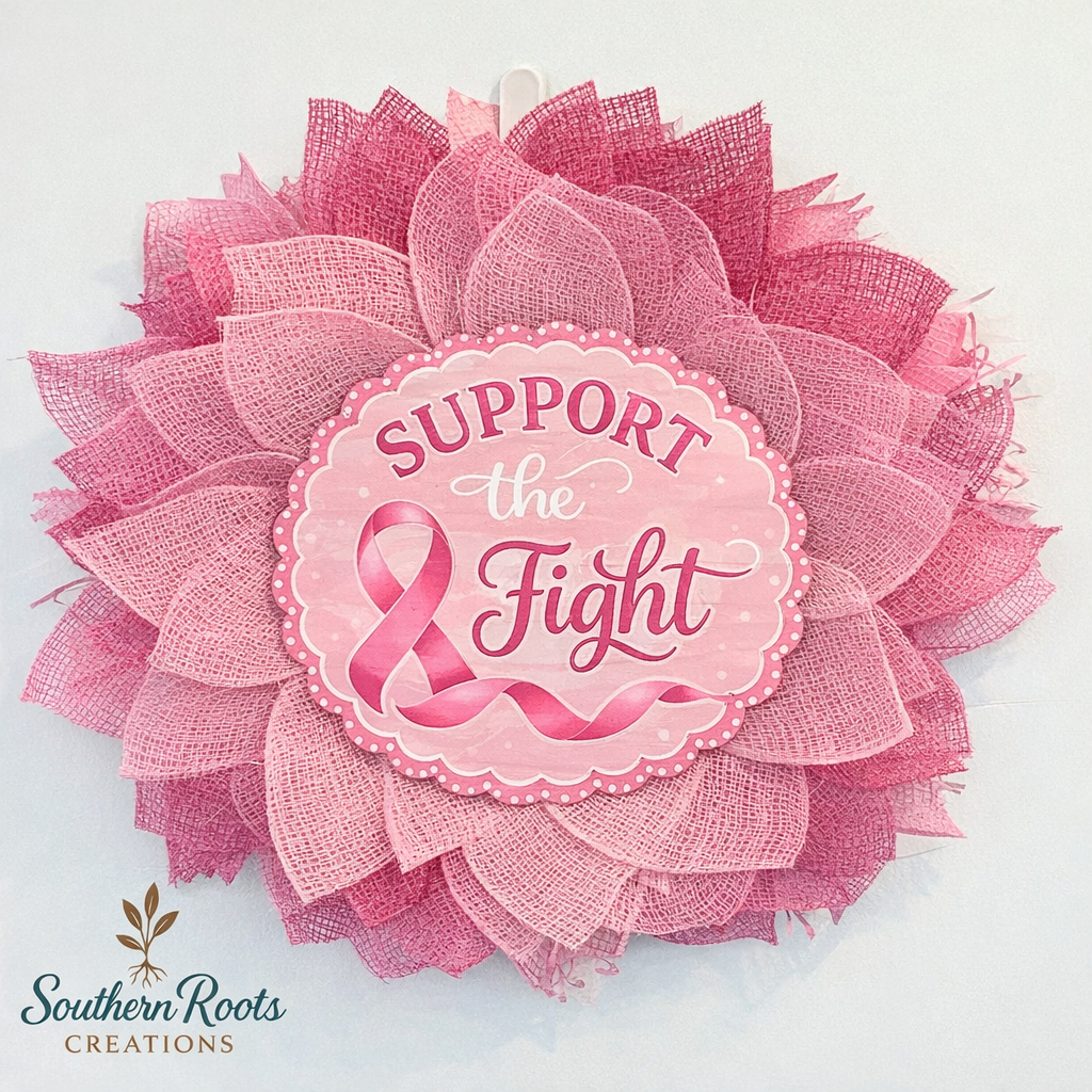 Support the Fight Pink Ribbon Wreath – Breast Cancer Awareness Door Decor