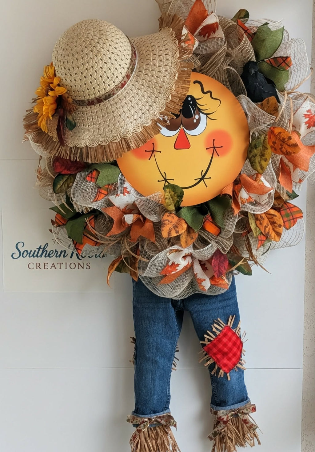 Oversized Fall Scarecrow Wreath | Large Autumn Front Door Decor